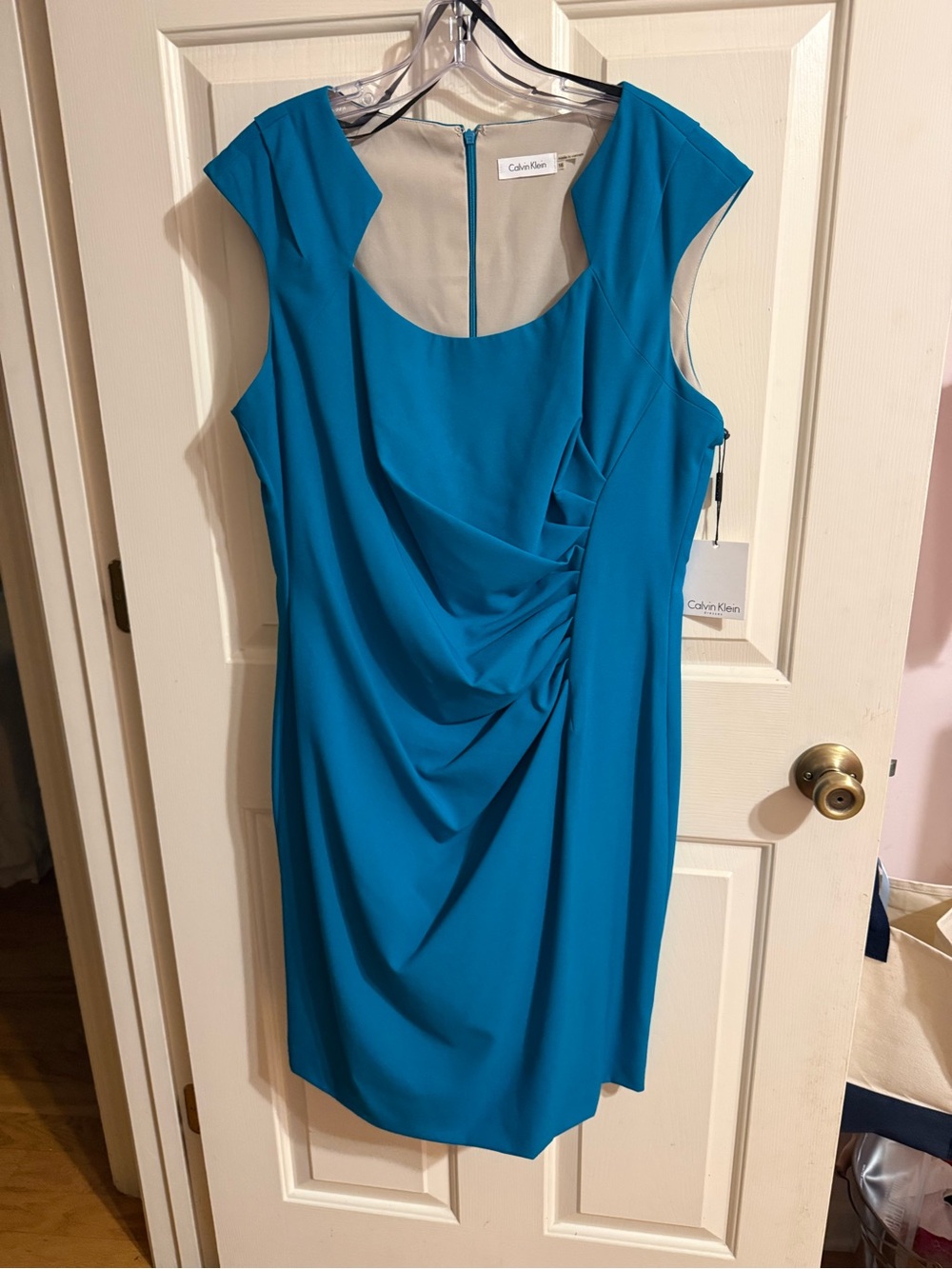 Calvin Klein Teal Cap-Sleeve Draped Midi Dress